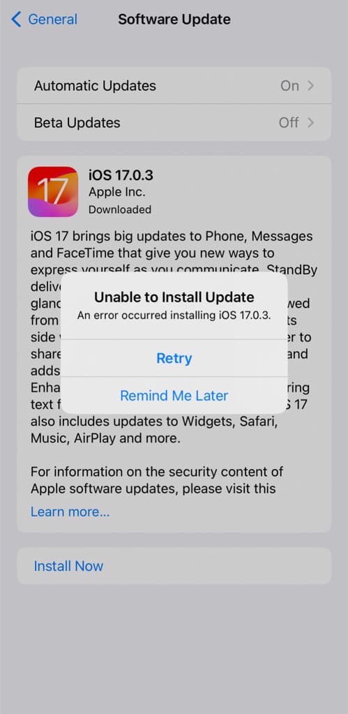 Unable to install update - An error occurred installing iOS on iPhone [Screenshot]