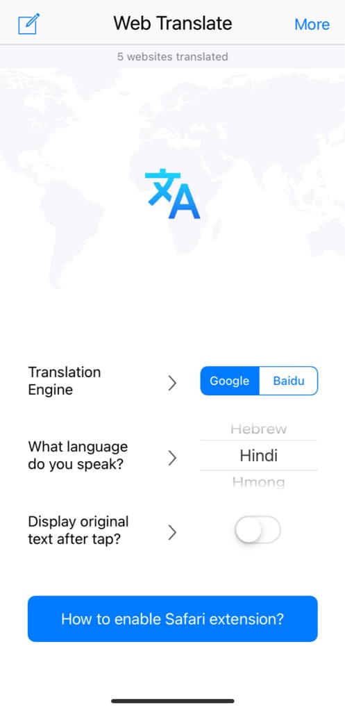 Web Translator extension for Safari iPhone