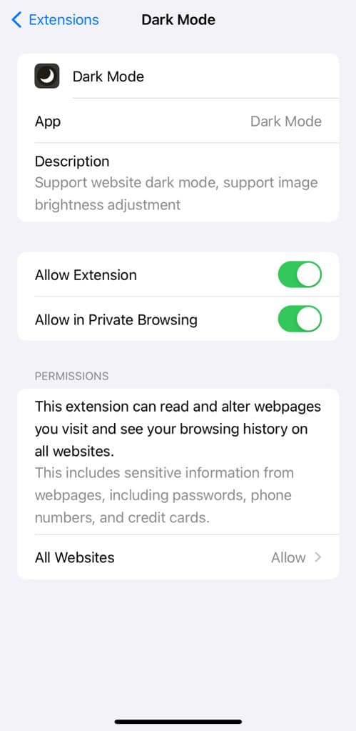Allow extension in Safari on iPhone