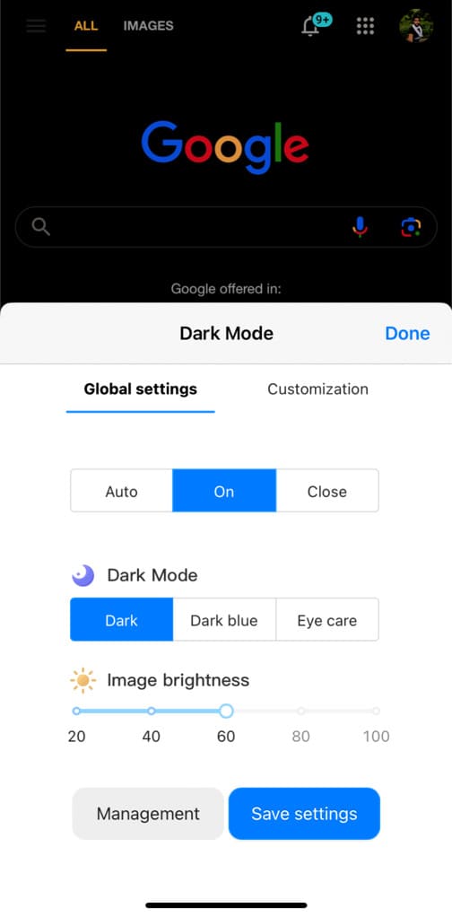 Dard mode Safari extension for iPhone