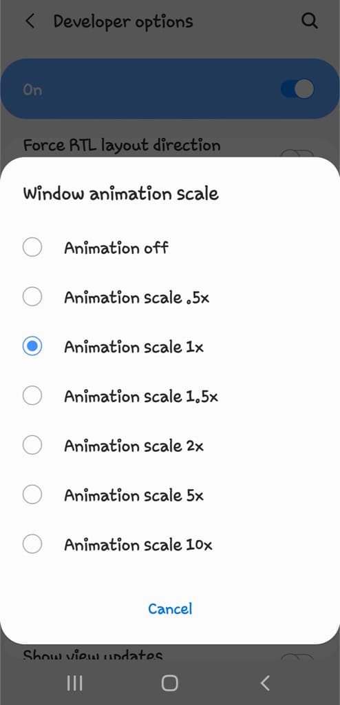 Disable animation and transition speed on Android