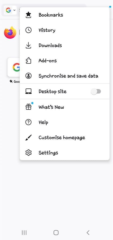 Firefox menu settings