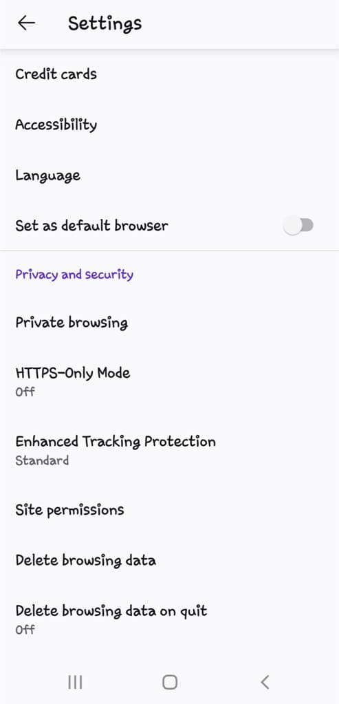 Private browsing settings in Firefox