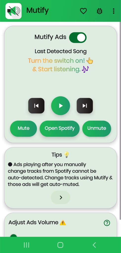 Activate Mutify to mute ads on Spotify