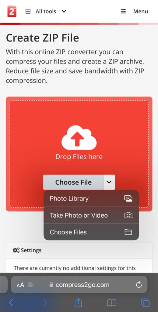 Compress ZIP files on iPhone using online compressor tool