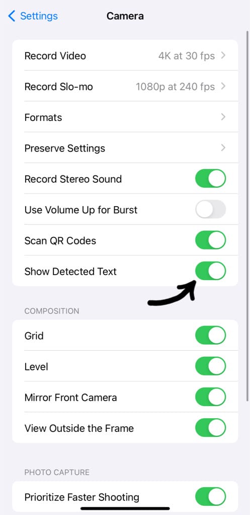 Disable show detected text in iPhone camera