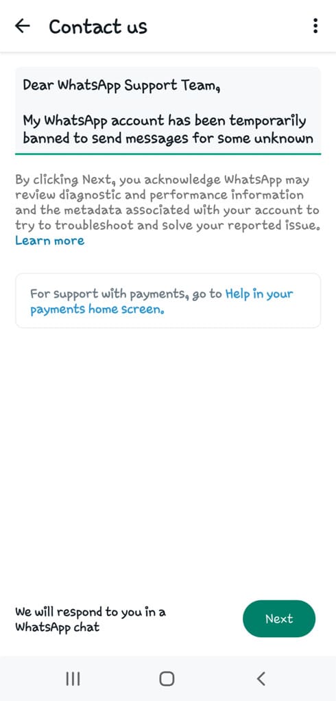 Message WhatsApp to unban your account