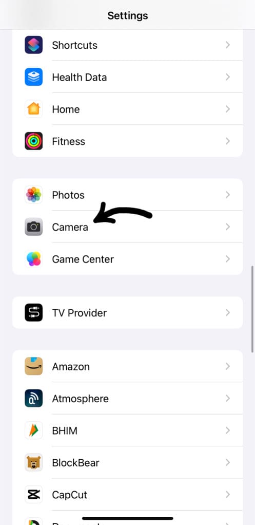 Open Camera in iPhone settings