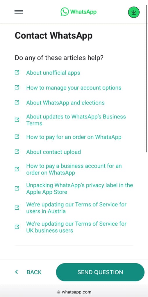 Send account ban appeal to WhatsApp Support