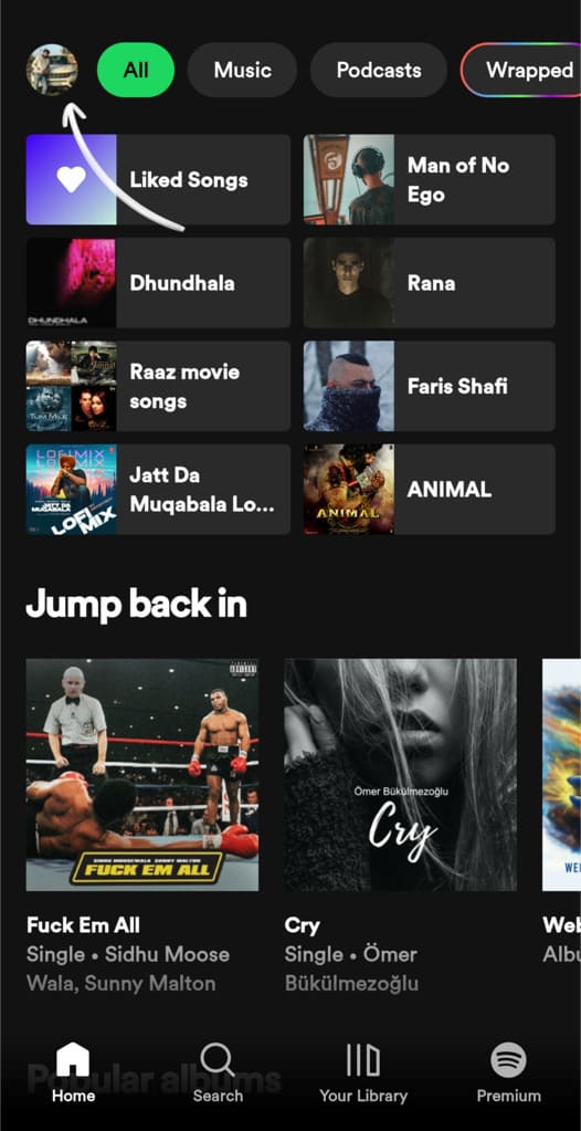 Tap profile picture on Spotify