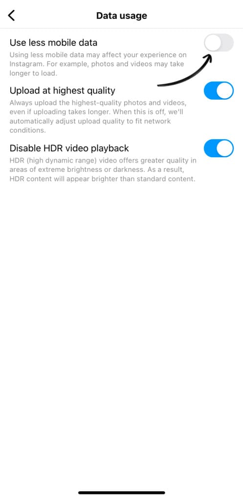 Use less mobile data option on Instagram