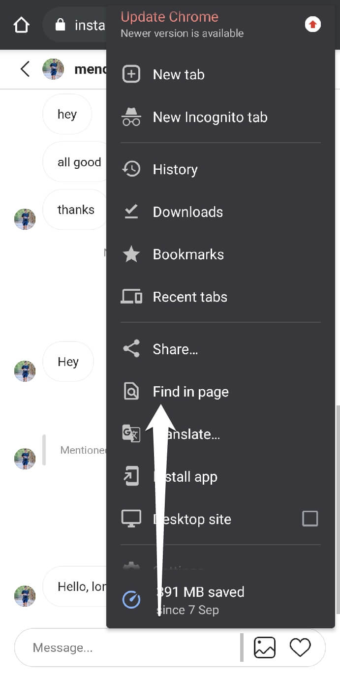 Find in page option on Chrome