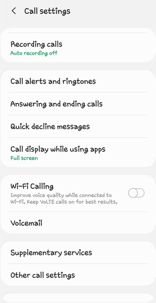 Phone app call settings page