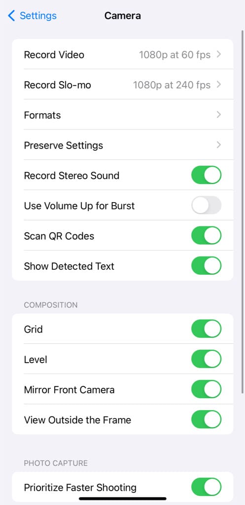 Record video in Camera settings