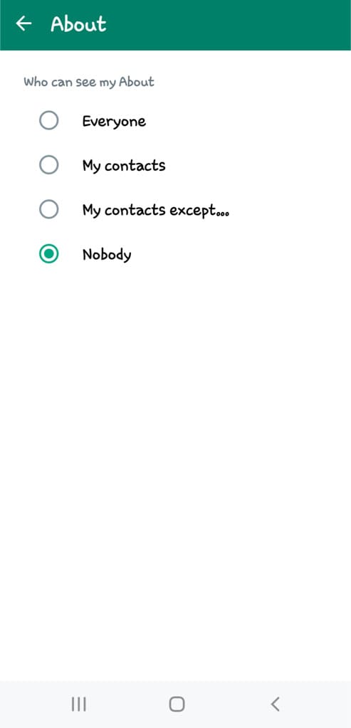 Set WhatsApp About privacy to Nobody