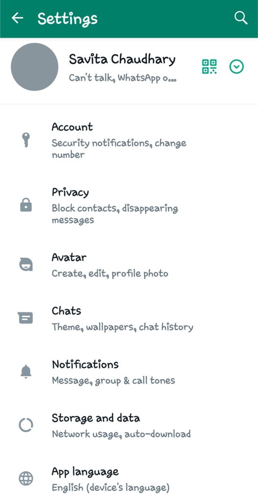 WhatsApp settings page