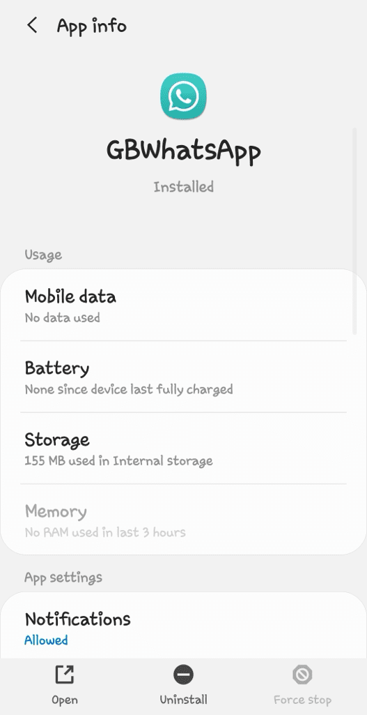 Uninstall GB WhatsApp - App info