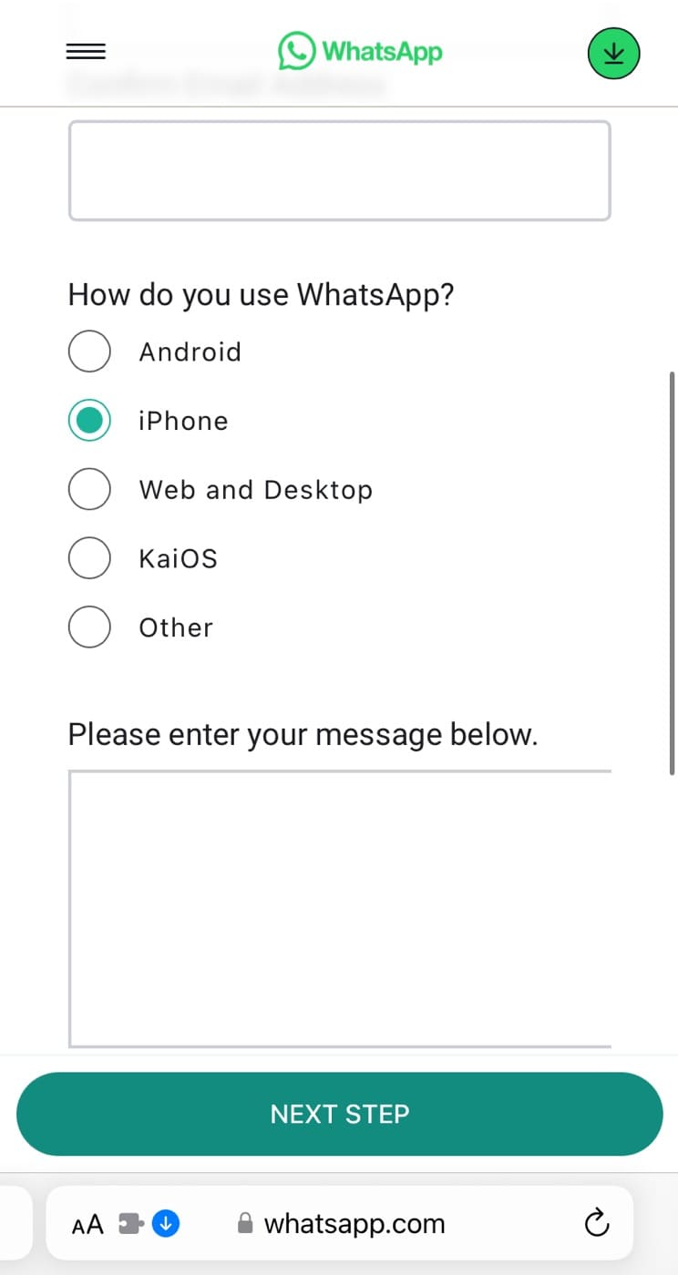 Contact WhatsApp support via email