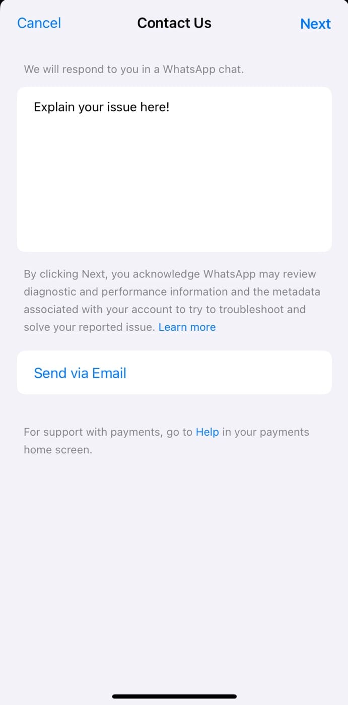 Write message to WhatsApp support