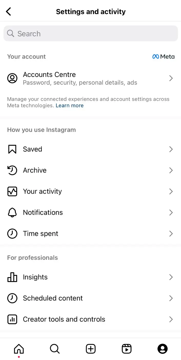 Saved option in Instagram settings