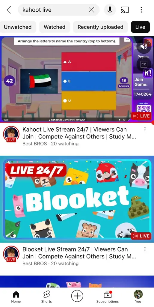 Find Kahoot game pins on YouTube