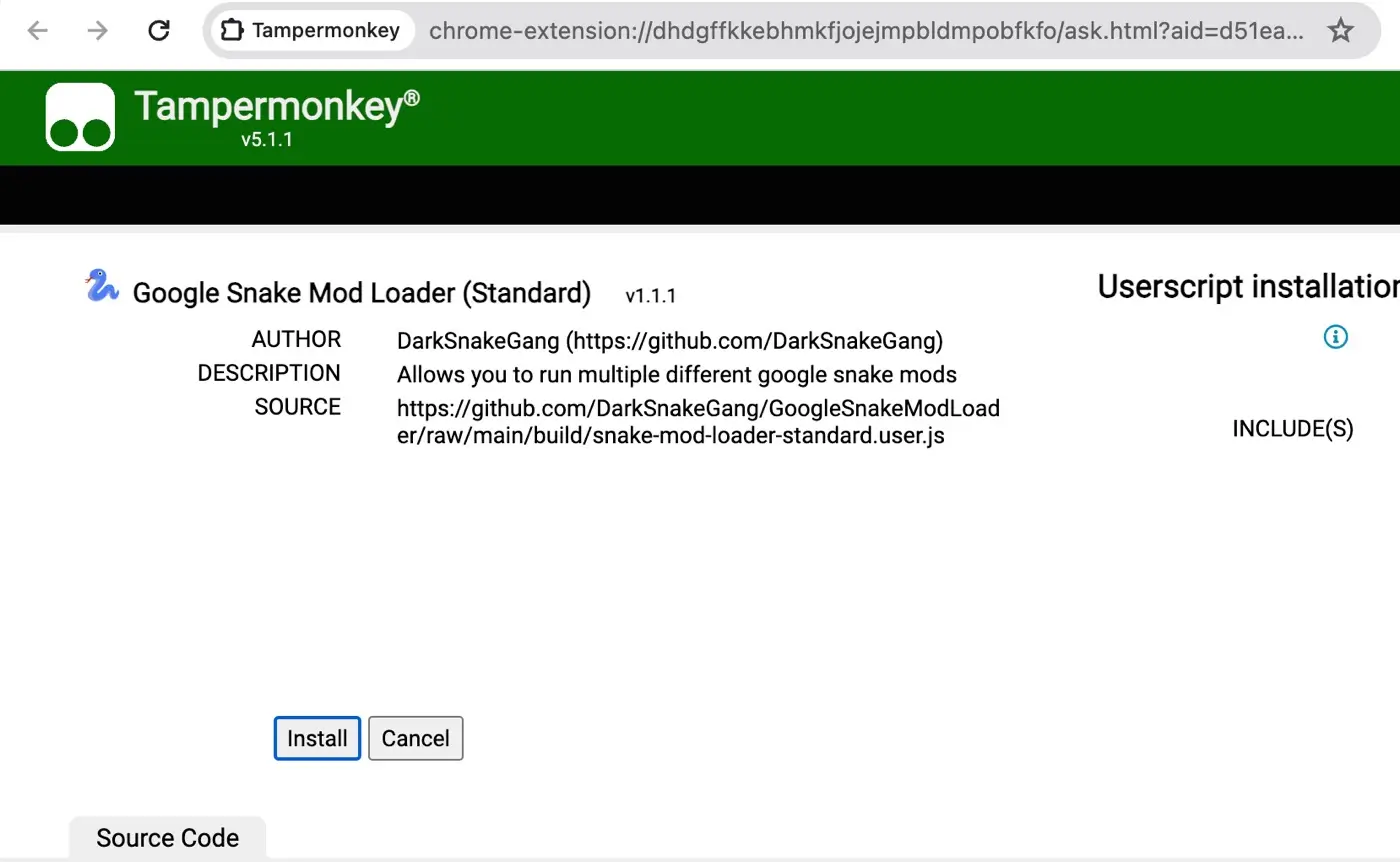 Install Google snake mods with Tampermonkey