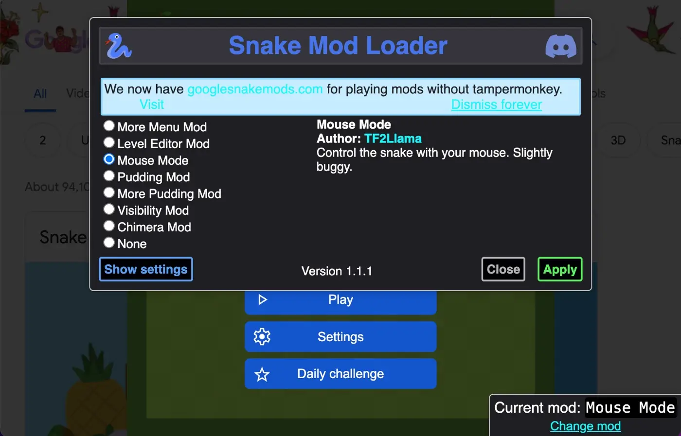 Select Google snake mods
