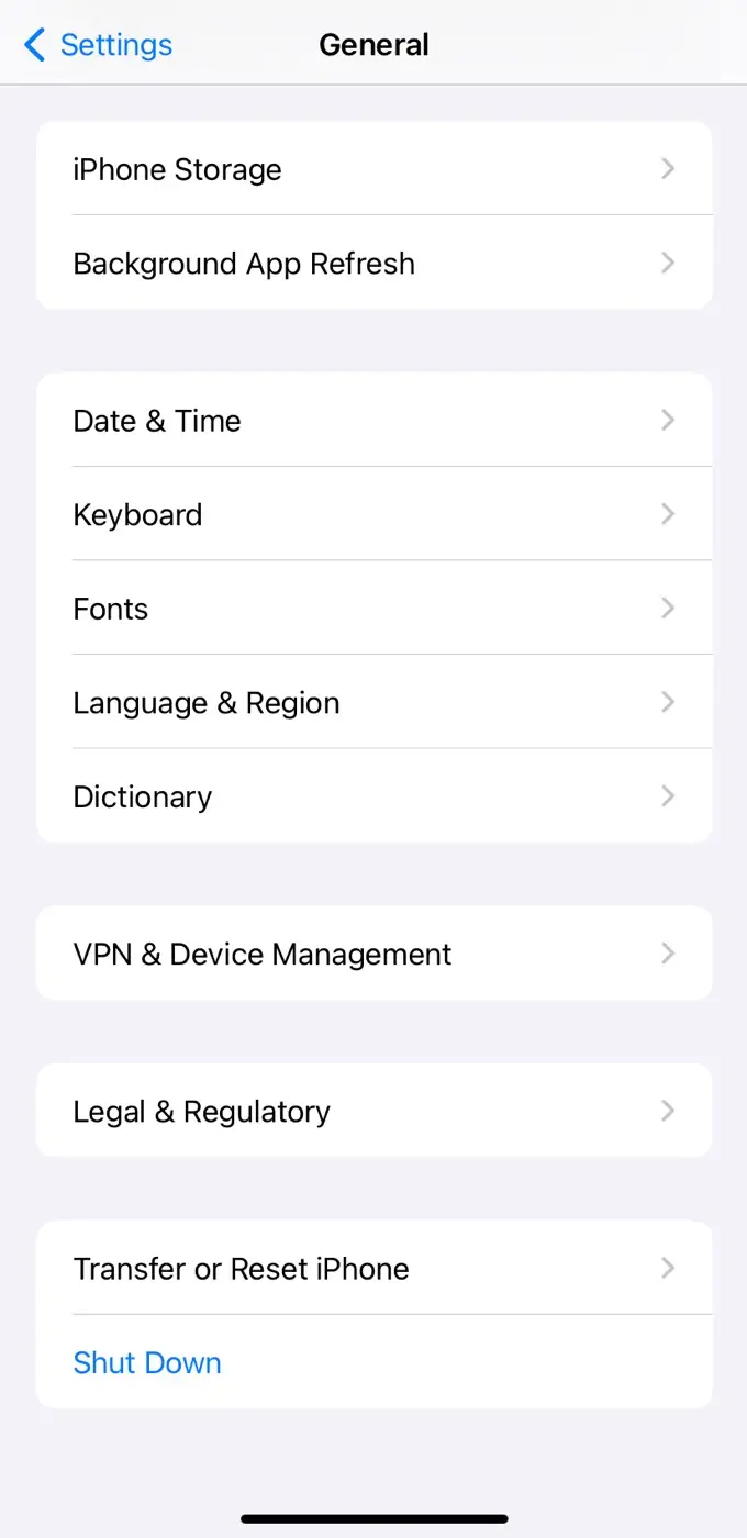 Reset option in General settings