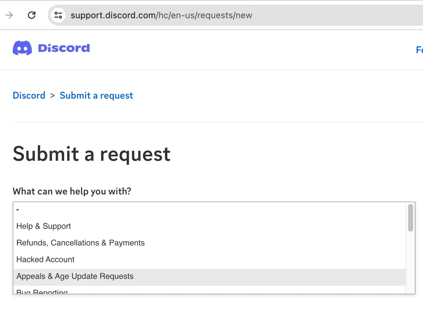 Age update appeal request on Discord