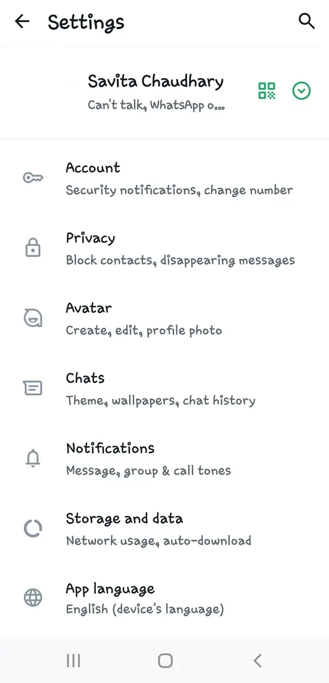 WhatsApp settings page