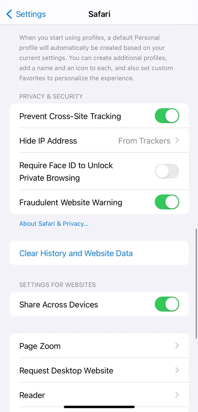 Clear browsing data on Safari