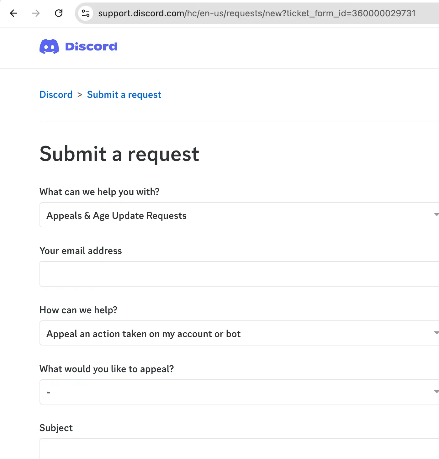 Fill out Discord appeal form
